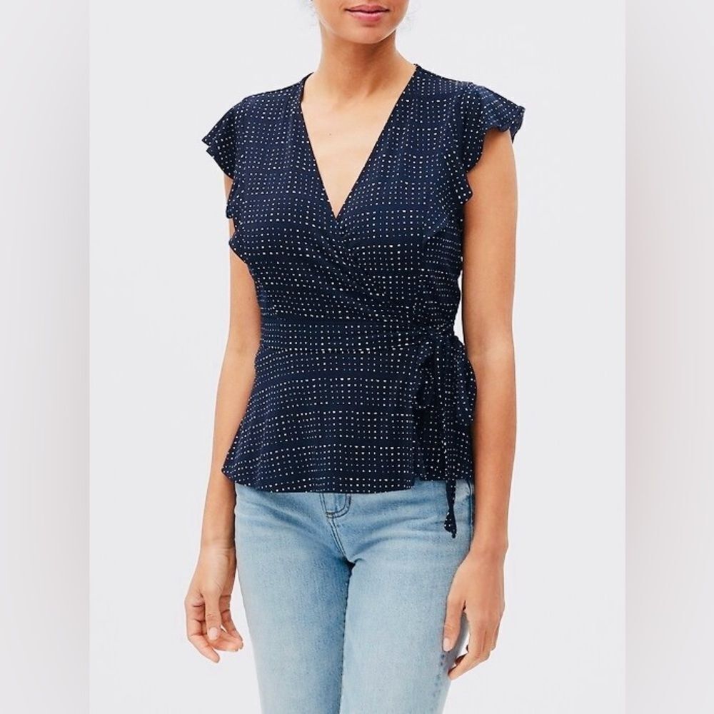 Banana Republic Flutter Sleeve Wrap Top Navy White Small Feminine